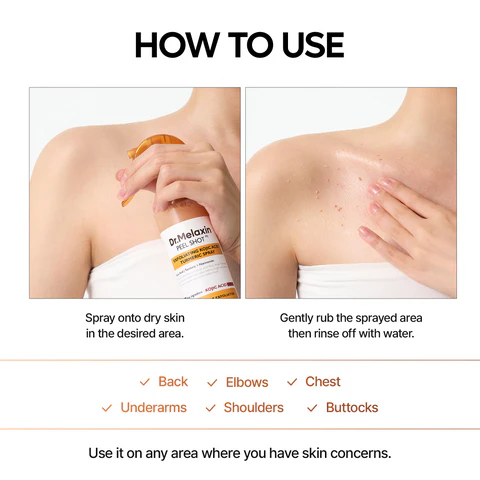 Dr.Melaxin body & face peelshot duo glow black ricepeeling ampoule kojic acid &turmeric spray